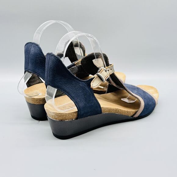 Naot Sandals Womens 9 Blue Leather Fiona Wedge Slingback T Strap Adjustable Cork - Picture 8 of 10